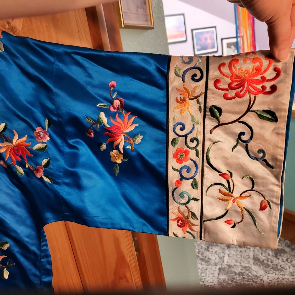 Blue Embroidered Satin Top with Floral Motif - Picture 6 of 16